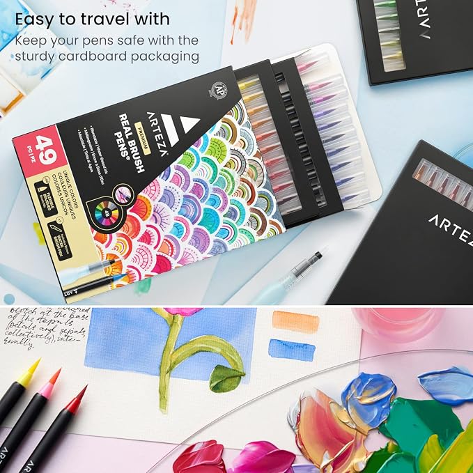 ARTEZA Real Brush Pens, 48 Colors, Watercolor Pens and Drawing Markers with Flexible Nylon Tips, Bonus Water Brush for Coloring, Sketching, Lettering and Art Journaling