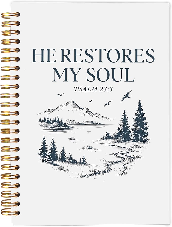 Mountain Christian Notebook Journal, Psalm 23:3 Bible Notebook for Note Taking, Christian Gifts for Women Men, He Restores My Soul Religious Spiral Journal 5.5x8.3 Inch
