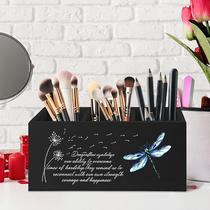 Dragonfly Dandelion Decorative Black Pencil Holder for Desk, Black Bookmark Holder Decor, Pen Caddy for Desk Decorative, Motivational Gifts for Women