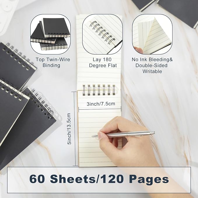 Tenceur 300 Pcs Pocket Notebook Small 3x5 Inch Black Top Spiral Notepads Bound Notebook with Lined 120 Pages Mini Memo Pads for Office College Nurse Essentials Back to School Gift