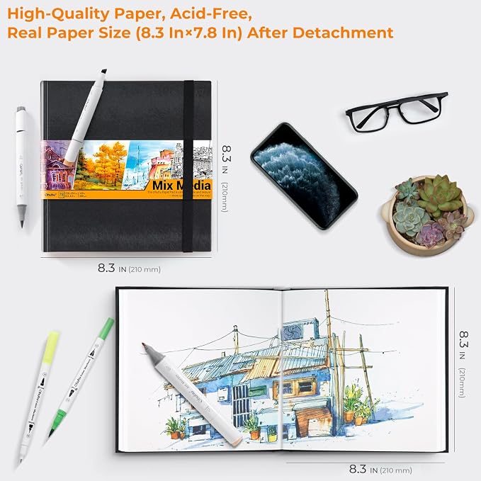 Ohuhu Mixed Media Pad - 8.3" x 8.3" Square Mix Media Sketchbook, 120 LB/200 GSM Heavyweight Papers, 78 Sheets/156 Pages, PU Hardcover Multi-Media Paper Pad for Acrylic Painting Christmas Gift