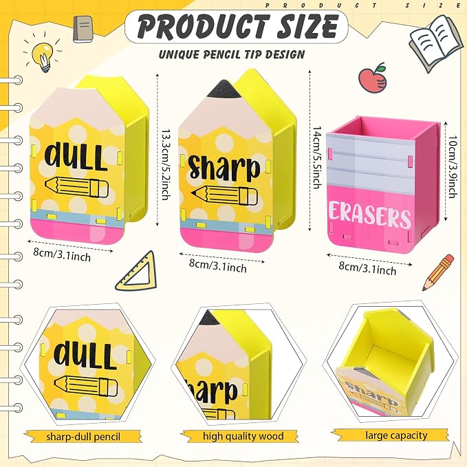 DoubleFill 3 Pcs Sharp and Dull Pencil Holder Eraser Buckets Wooden Shaped Dispenser for Back to School Teachers Classroom Management(Cute Circle)