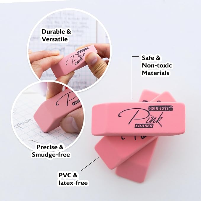 BAZIC Products Pink Bevel Block Erasers, Latex-Free, PVC-Free, 24-Box | soft latex-free rubber, pink beveled block erasers, Erases pencil and lead cleanly without smudging or tearing, Bulk box