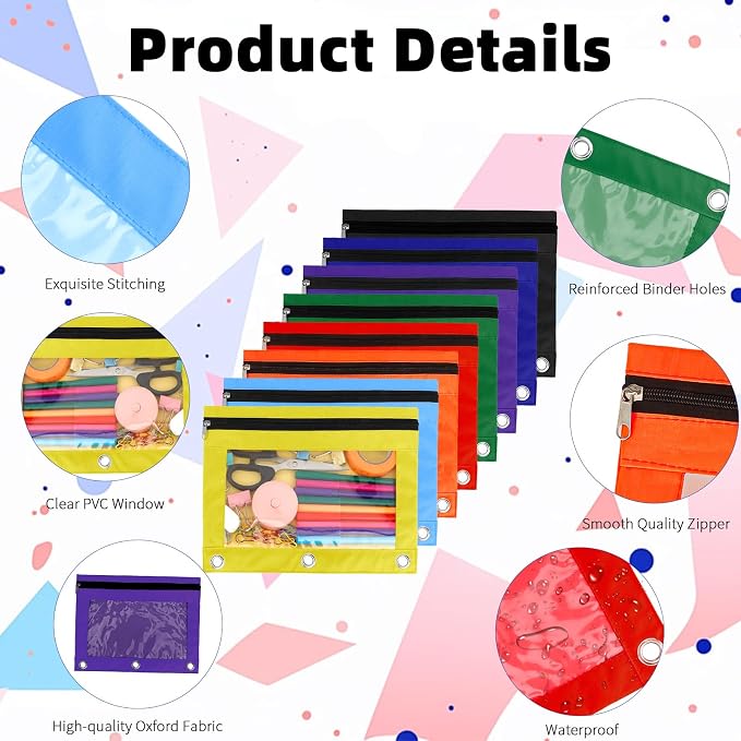 Pencil Pouch for 3 Ring Binder, 8 Pack Pencil Bags with Zipper, Large Capacity Pencil Case for Binder Assorted Color Pencil Case Pouch with Clear Window and Grommets Pencil Pocket for Office Supplies