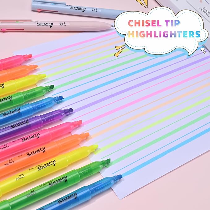 20 Pcs Highlighters and Gel Pens Set, 6 Color Highlighters and 2 Pcs 3 in 1 Multicolor Gel Pens, Chisel Tip Highlighters Assorted Colors, Quick Dry, Perfect for Class, School, Office