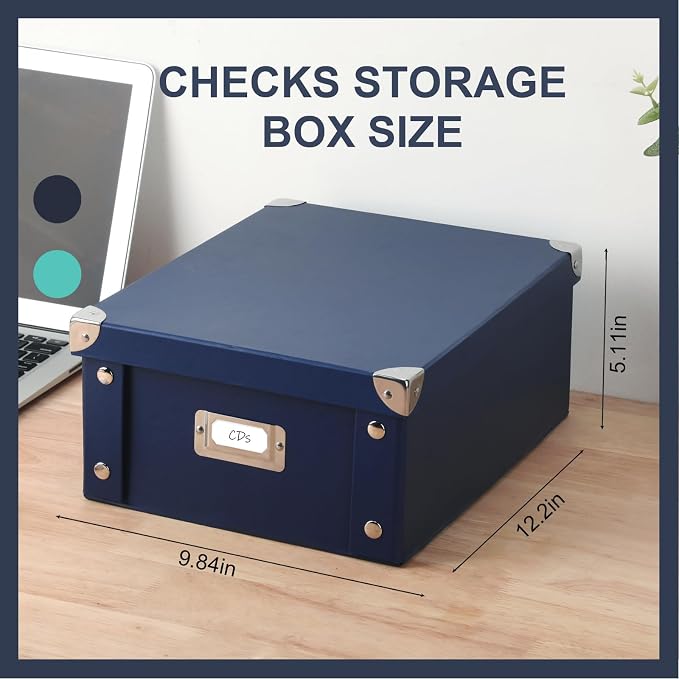 DLUGOPIS Checks Storage Box with Lid Document Boxes Banker Boxes Document Bin Foldable Cardboard Record Boxes For Business Pesonal Orangize Files 12"x10"x5"(Navy Blue, 1 pcs)