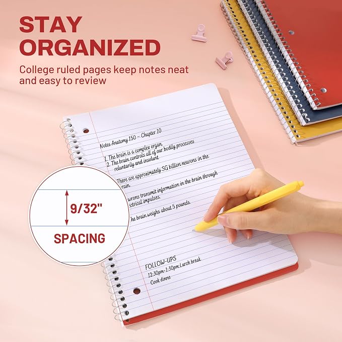 SUNEE Spiral Notebooks, 3 Pack, 1-Subject, College Ruled Paper, 8" x 10-1/2", 70 Sheets per Notebook, Assorted Colors Spiral Notebooks for School (Brick Red, Blue, Yellow)