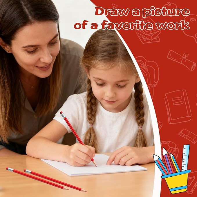 12 PCS Red Pencils with Eraser, Pre-Sharpened HB Pencils for Writing & Drawing, School Supplies for Kids Homework, Tests, Art Crafts & Teacher Grading (Red)