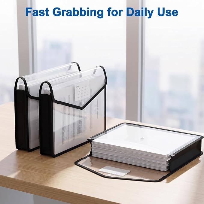 2 Pack Clear Expanding File Organizer Envelope Important Document Folder with Snap Closure Plastic Document Holder File Folder Large Capacity with Black Trim Fit Letter/A4 Size