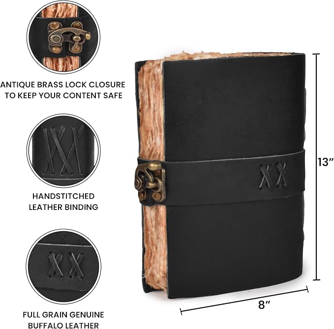 LEATHER VILLAGE Leather Bound Vintage Journal for Women & Men - Book of Shadows - Lock Closure - 200 Pages of Antique Deckle Edges Handmade Watercolor Paper - Rustic Black - 13X8 inches