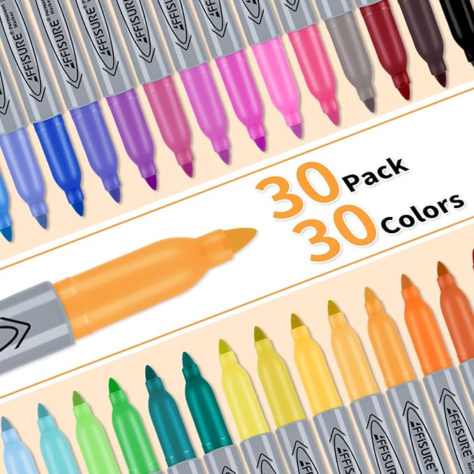 30 Colors Permanent Markers, 30 Pack Permanent Markers, Assorted Colors Marker，Fine Point, Fast Dry, Waterproof, work on Plastic, Glass, Metal, Wood and Stone