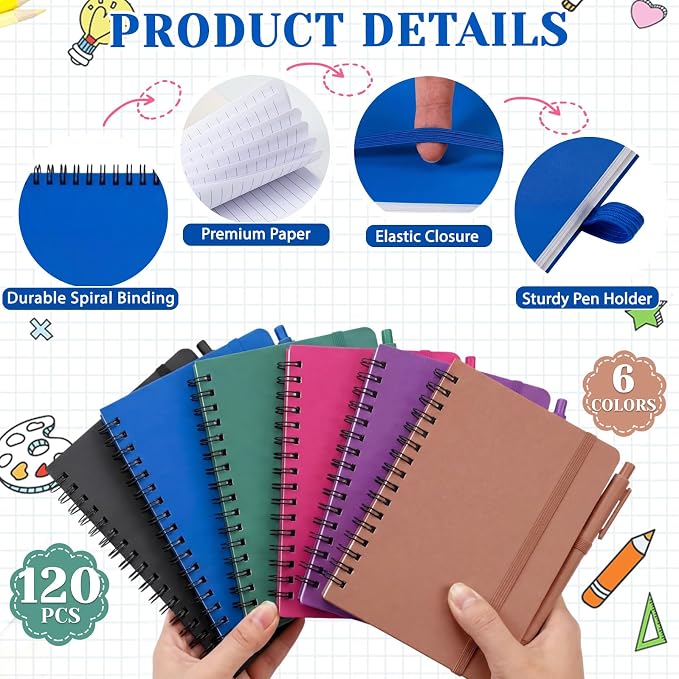 Fulmoon 120 Set Small Spiral Notebooks A6 with Pens Bulk, Multicolor 4" x 6" Pocket Notebooks Mini Lined Journals 50 Sheets for Back to School Supplies Students Rewards Office Gifts (Deep Tones)