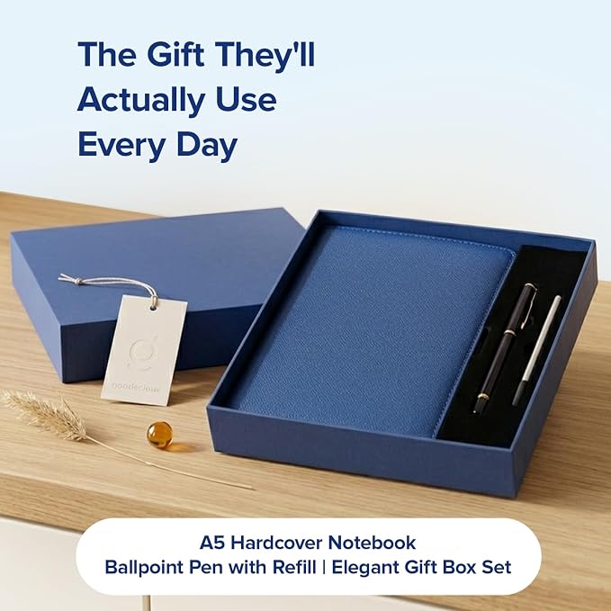 Premium Leather Notebook Gift Set with Pen and Ink Refill, A5 Wide Ruled Notebook for School & Office Supplies, Employee & Teacher Appreciation Gifts, 200-Page Lined Journal for Men & Women, Blue