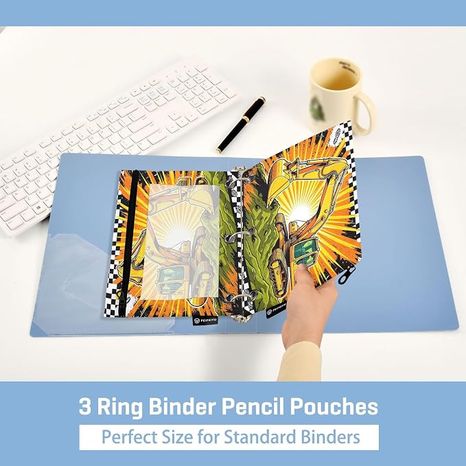 Gredecor 3 Ring Binder Pencil Pouch, Yellow Excavator Pop Zippered Pen Case Pouches with Clear Window, 2 Pack Stylish Office & School Supplie