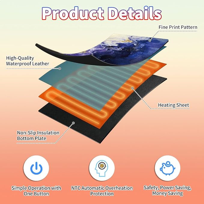 Heated Desk Pad Large Mouse Pad 23.6 x 14.1 inch with 3 Levels Heating & Auto Shut-Off Warm Mouse pad PU Leather Computer Mousepad for Home Office Work - Purple Marble