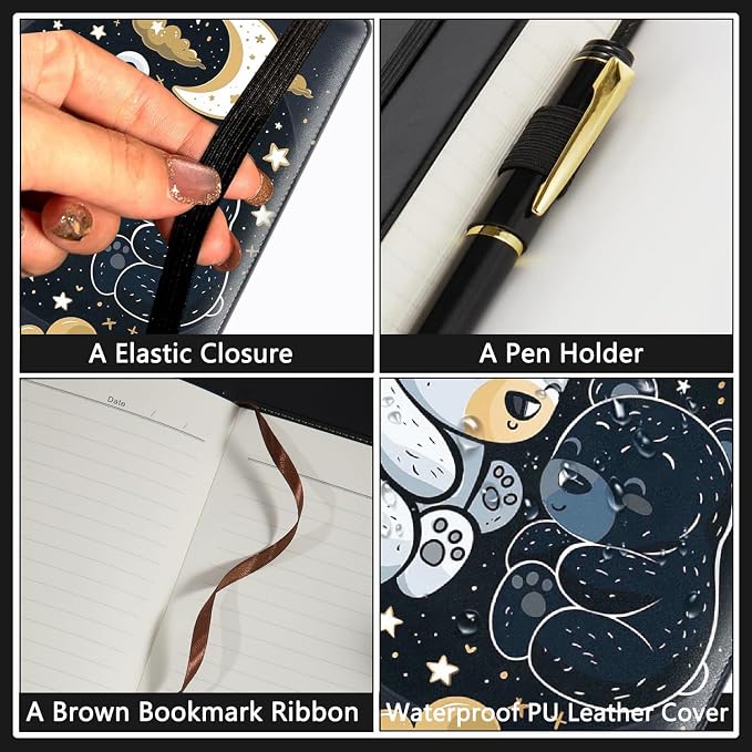 A5 Leather Lined Journal Notebook, 200 Pages Hardcover Executive Notebook for Men Women Office School Note Taking, Thick Writing Paper Daily Journal with Bookmarks/Indexes,Cute Bear