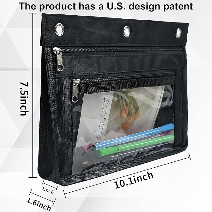 YoeeJob 2 Pack 1 Inch Expandable Zipper Pencil Pouches with Clear Window for 3 Ring Binder, Suitable for School & Office (Black+Blue)