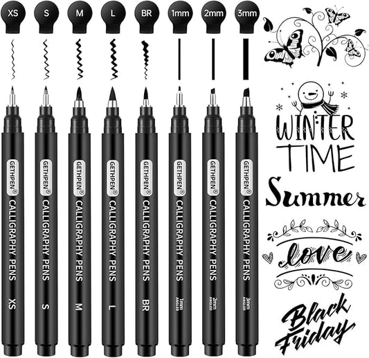 GETHPEN Calligraphy Brush Pen Set, Black Archival Ink for Hand Lettering | 8 Size Calligraphy Markers, Black Archival Ink, for Beginners, Hand Lettering, Sketching, Scrapbooking, Art Writing Supplies
