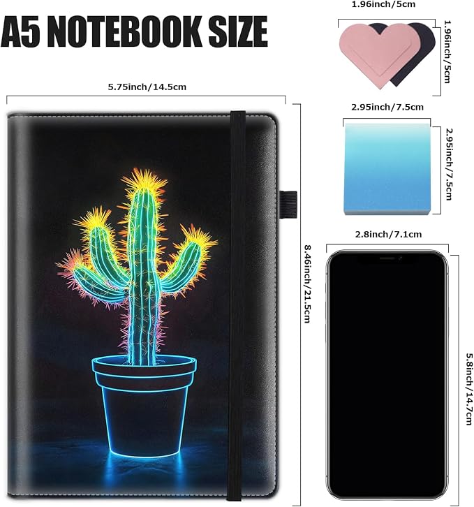 Hardcover Executive Notebooks, A5 PU Leather Lined Journal Notebook, 200 Pages Thick Paper Subject Notebooks for School,Work,Home Writing Business Notebook, Diary Book ，Neon Small Cactus