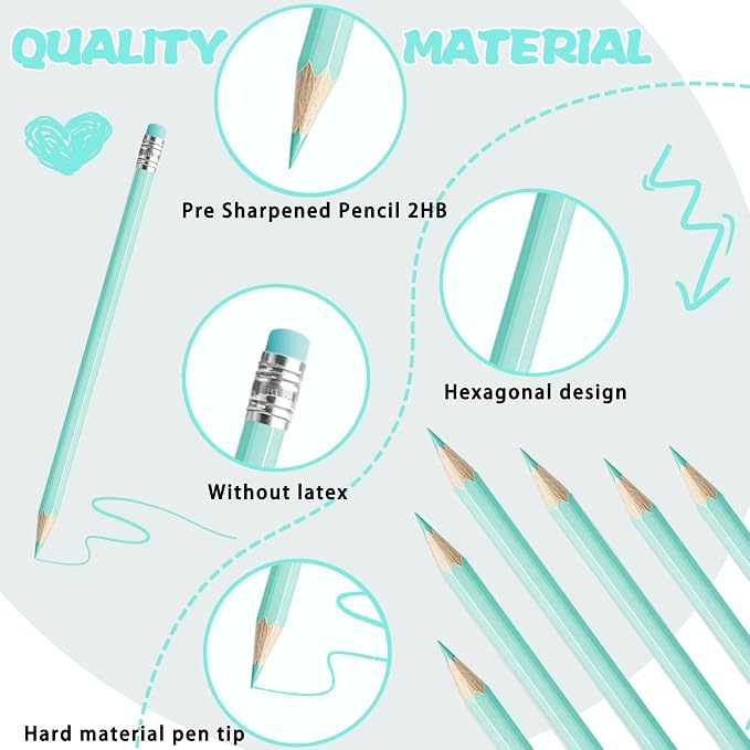 36 PCS Macaron Blue Colored Pencils with Eraser Pre Sharpened Pencil 2 HB - Ideal for Checking, Grading, Tests & Office/School Supplies