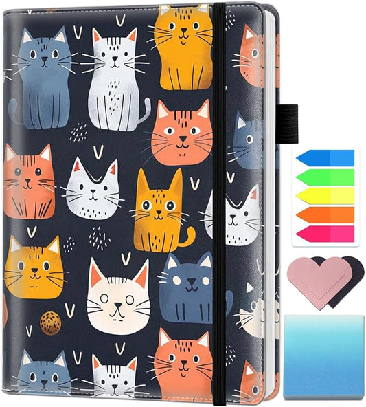 A5 Leather Lined Journal Notebook, 200 Pages Hardcover Executive Notebook for Men Women Office School Note Taking, Thick Writing Paper Daily Journal with Bookmarks/Indexes,Cat Family