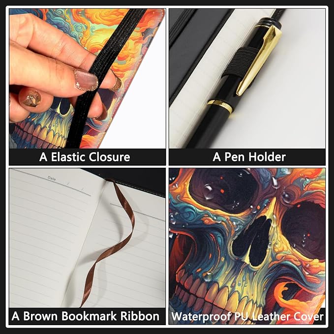 A5 Leather Lined Journal Notebook, 200 Pages Hardcover Executive Notebook for Men Women Office School Note Taking, Thick Writing Paper Daily Journal with Bookmarks/Indexes, Skull and Fire