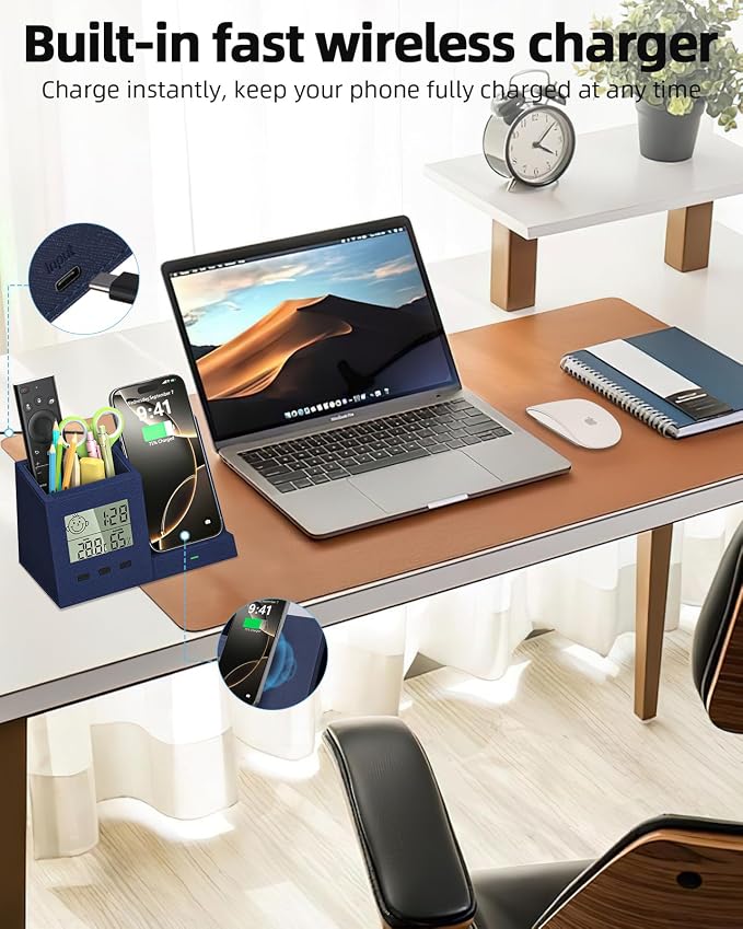 Desk Organizer with Wireless Charger, Digital Clock, Thermometer & Hygrometer - Multi-Functional Pencil Holder, Office Desk Accessories Storage Caddy for Home, Office, Men, Women (Battery Included)