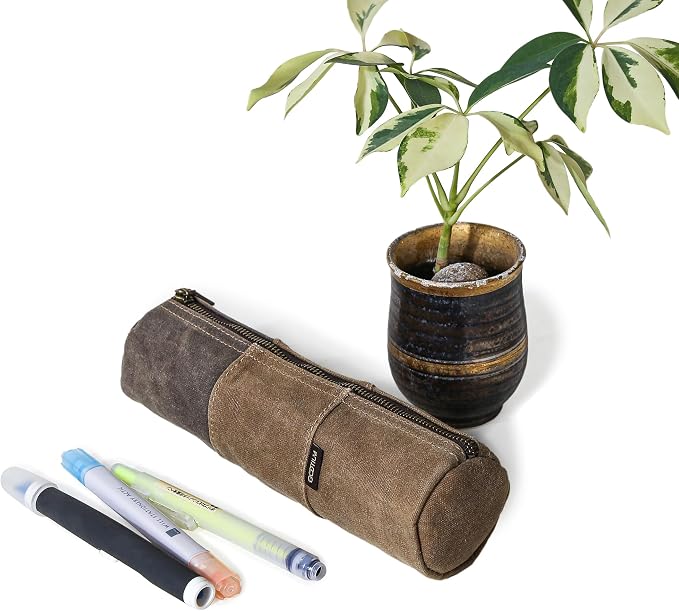 GOOTIUM Waxed Canvas Pencil Pouch - Vintage Zippered Stationery Organizer for Pens, Pencils, and Accessories Handmade Multi-Purpose Utility Case, Taupe