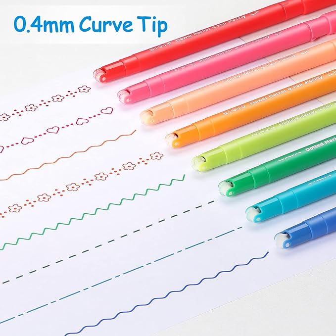 AECHY 8Pcs Dual Tip Pattern Marker Pens, 8 Colors, 6 Curve Shapes Designs | Colored highlighter pens with pattern roller and writing tip for Bullet Journal, Note Taking, Scrapbook, School Supplies