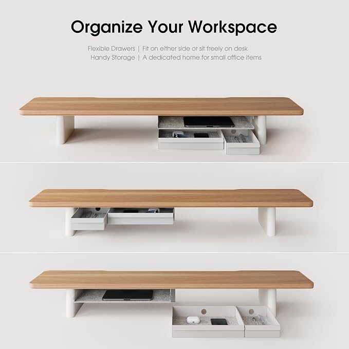 Fenge 42.5" Monitor Stand with Storage Drawers, Minimalist Monitor Riser with Solid Ash Legs and Cable Management, Wooden Desk Shelf for Home Office Workspaces, Dark Oak