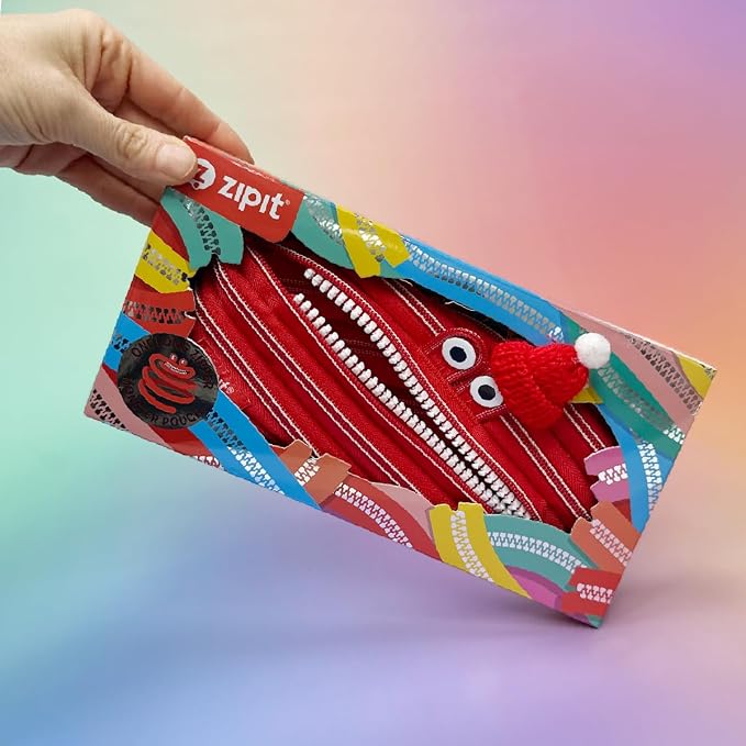 ZIPIT Monster Pencil Case for Kids, One Long Zipper Pencil Pouch, Gift-Ready Stationery Bag for Boys & Girls, Red