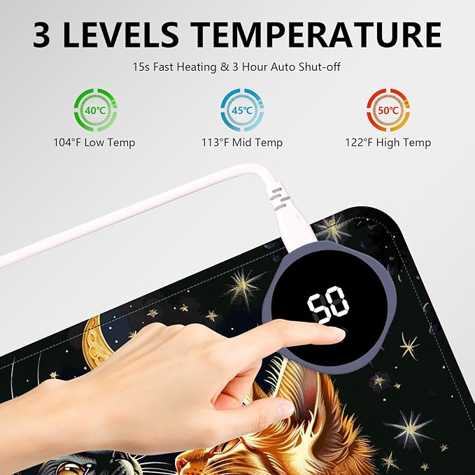 Heated Mouse Pad with 3 Levels Heated & 3 Hours Auto Shut-Off Mouse Pad for Warming Hands in Office Home, 31.5" x 13"Large Safe Desk Mat Hand Warmer，Two Cute Cats