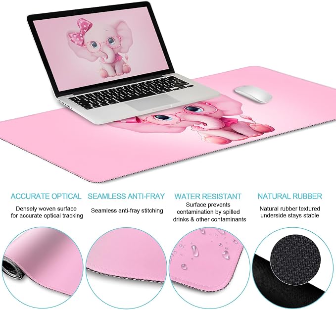 LIMKRIAN Elephant Mouse Pad Large Desk Mat Set, Kawaii Pink Desk Decor | Ergonomic Mouse Pad Wrist Rest, XXL Computer Mat Keyboard Wrist Support, Coaster, Elephant Office Supplies Desk Accessories