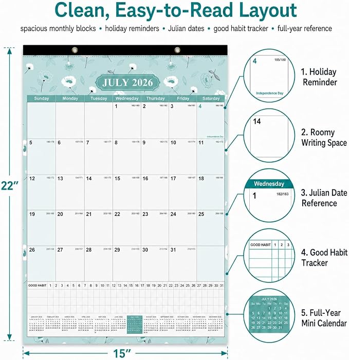 Large Wall Calendar 2026-2027, 18-Month Wall Calendar from July 2026 to December 2027, 15" x 22" 2026 Wall Calendar with Spacious Blocks, Julian Dates, Habit Tracker & Full-Year Reference for Home Office School Floral
