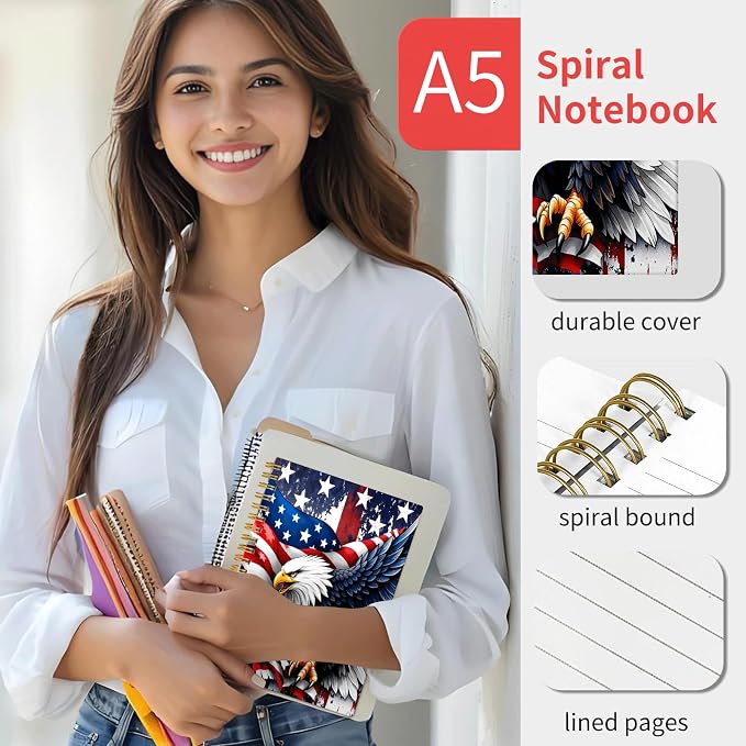 KZYVFNPQ Spiral Journal Notebook for Women Men, A5 Cute Hardcover Lined Notebook with Strong Binding,College Ruled Notebook for Office Work Writing(American Eagle Flag Stars Stripes)
