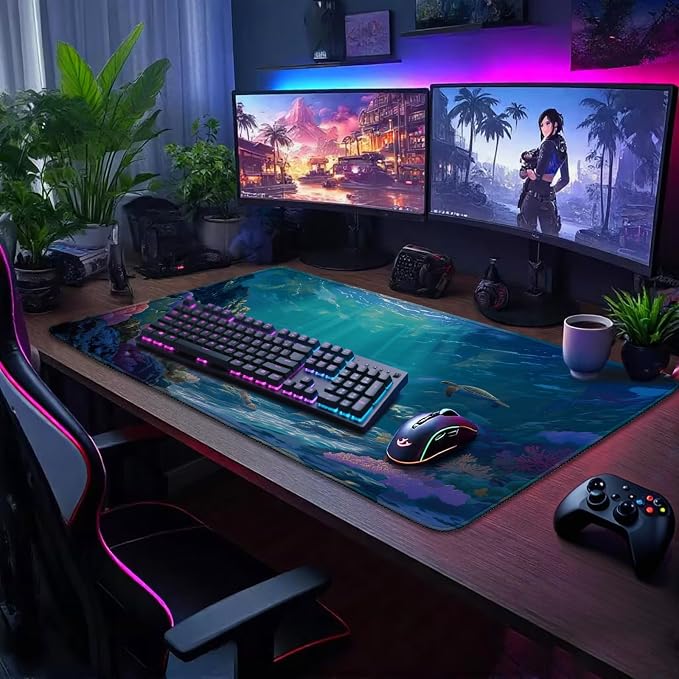 Sea Turtles Large Gaming Mouse Pad 31.5"x15.7"｜ Ocean Scene XXL Desk Mat, Non-Slip Rubber Base & Stitched Edges - Extended Waterproof Mousepad for PC/Laptop/Office/Home Decor