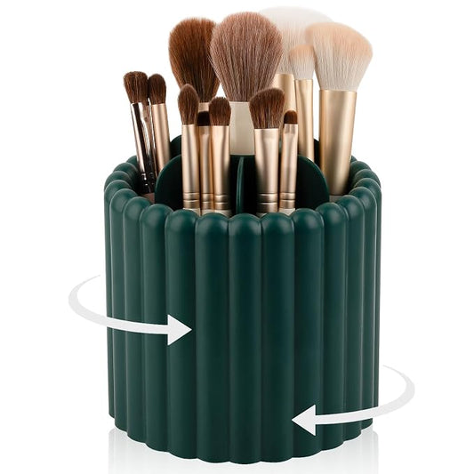 Rotating Makeup Brush Holder Organizer with Removable Dividers, Teal Green | 7 Slots Make Up Brush Organizer 360 Spinning Cosmetic Storage Pen Holder for Desk, Vanity, Dresser