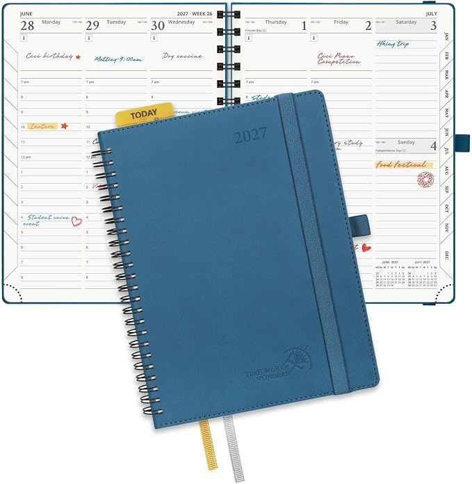 POPRUN 2027 Planner, 6.5'' x 8.5'', Weekly and Monthly Daily Calendar Book | 2027 Agenda(Jan - Dec) Appointment Book with Hourly Time Slots, Monthly Tabs, 100GSM, Spiral Leather Cover - Night Sky Blue