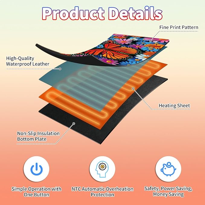 Heated Desk Pad Large Mouse Pad 31.5 x 13 inch with 3 Levels Heating & Auto Shut-Off Warm Mouse pad PU Leather Computer Mousepad for Home Office Work - Colorful Flowers and Butterflies