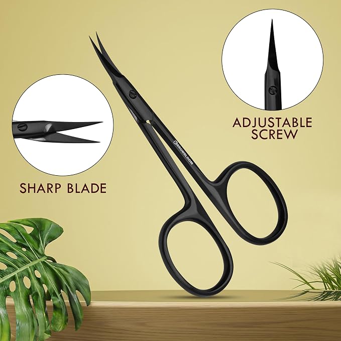 Precision Cuticle Scissors for Manicure, Pedicure, Eyebrow, and Eyelash Grooming - Extra Sharp Multi-Color Curved Cuticle Scissors with Black Storage Case for Men and Women (Black)
