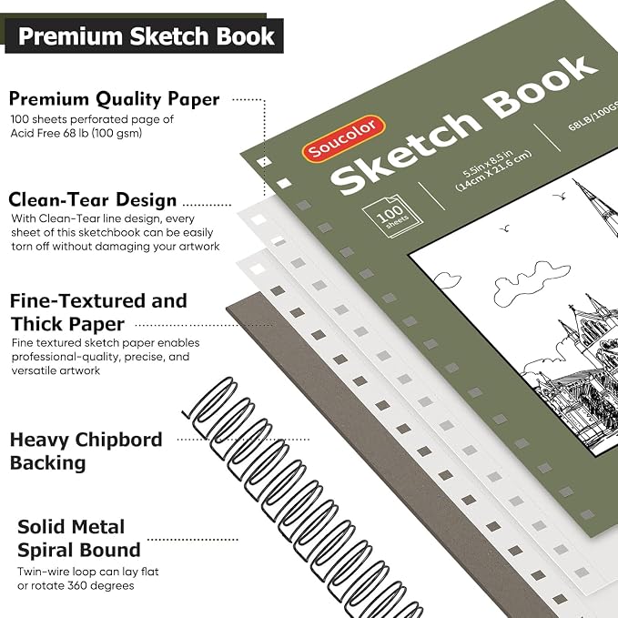 Soucolor Sketchbook 5.5" x 8.5", 2 Pack Mini Sketch Book | Spiral Bound Sketch Book with 200 Sheets 68lb/100gsm Acid-Free Paper, Drawing Notebook for Adults Kids Artists Art Supplies