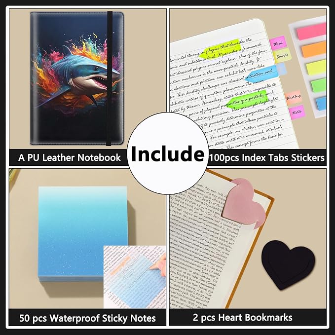 A5 Leather Lined Journal Notebook, 200 Pages Hardcover Executive Notebook for Men Women Office School Note Taking, Thick Writing Paper Daily Journal with Bookmarks/Indexes, Colorful Shark