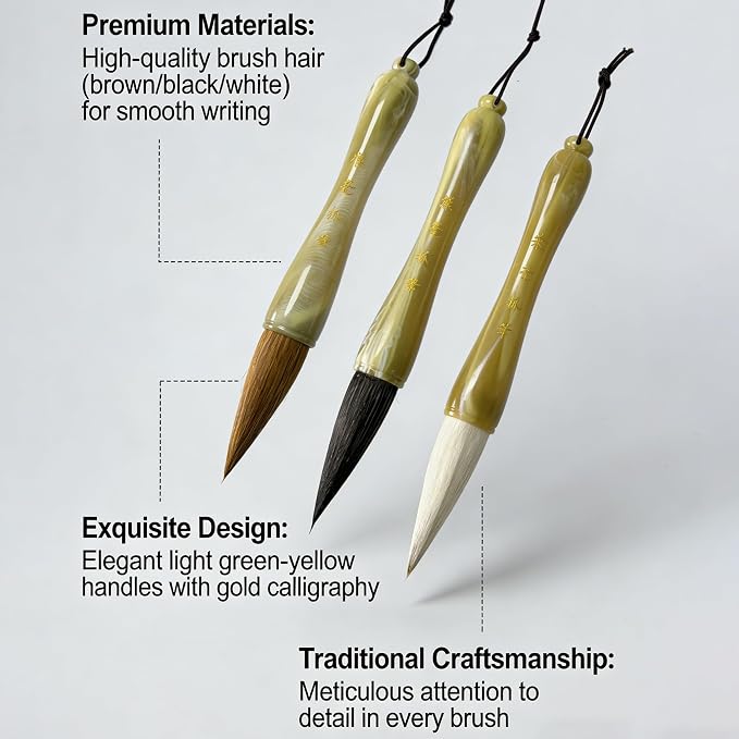 3PCS Large Chinese Calligraphy Brush Set,Sumi Brushes Watercolor Painting Brush with Adjustable Pen Holder,Traditional Ink Writing Drawing Supplies for Kanji-Chinese Ink Brush for 7-16cm