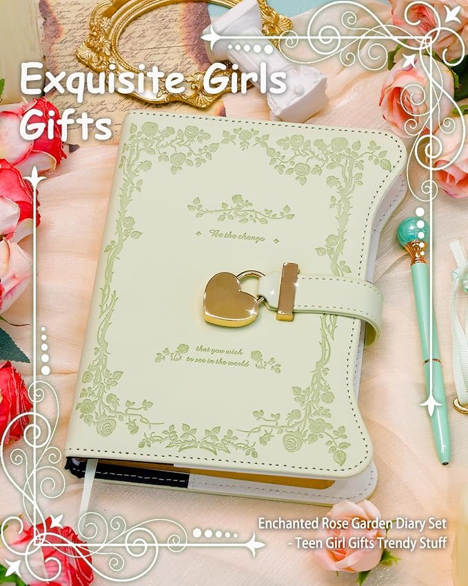 Hoci Poci Diary with Lock and Keys for Girls Gift Ideas, 360 Pages Journal | Elegant Gift Box for Teen Girls, B6 Gold Edged Pages Refillable Notebook with Pen and Bookmark for Writing, Garden Matcha