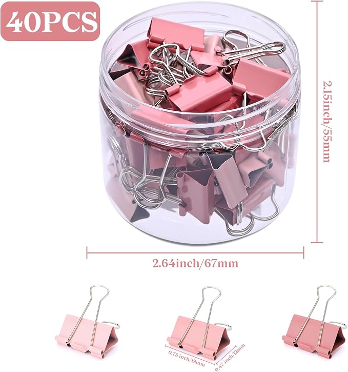 Temiary Aesthetic Binder Clips, Small Metal Binder Clip with Clear Storage Container, Binding Paperwork Clamps for School Teachers Office Supplies (Pink 0.75 Inch, 40P)