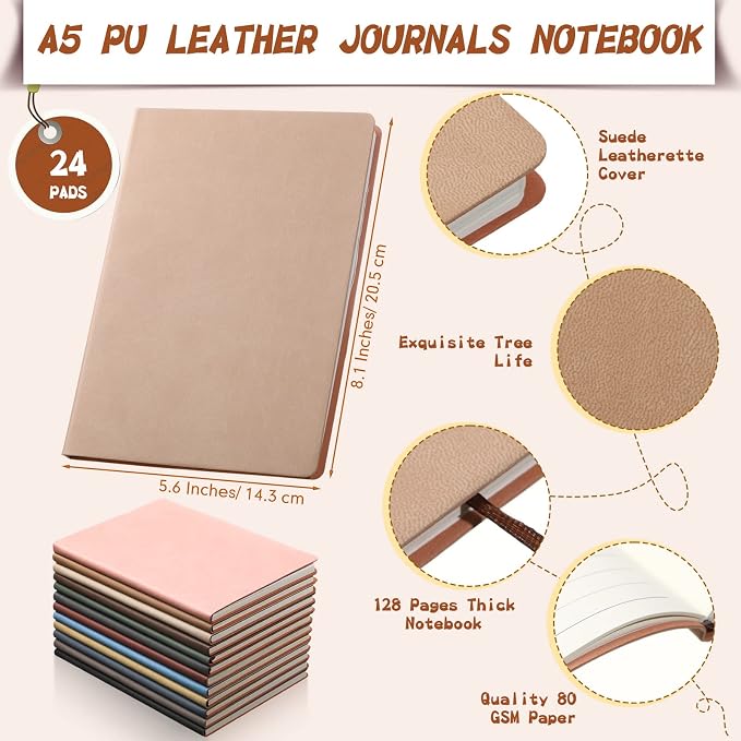 PerKoop 24 Pcs A5 PU Leather Journals for Laser Engraving, 8.1 x 5.6 Inch Lined Notebook Blanks 128 Pages, Lay Flat Ruled Writing Notebooks for DIY Crafting Office School Gifts (Morandi Color)