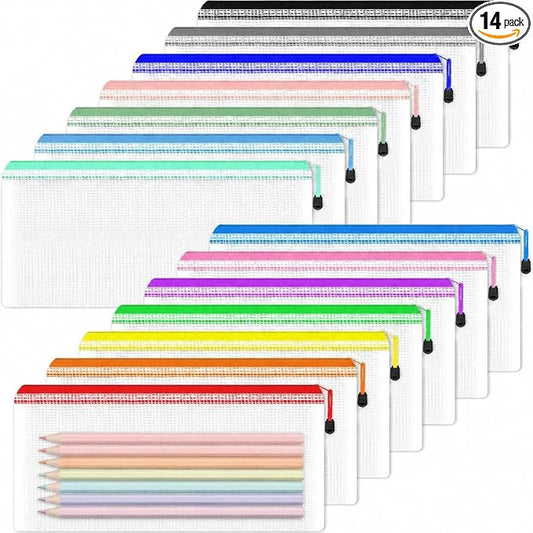 A6 Mesh Zipper Pouch Bags Pencil Pouch, 14 Pack Small Clear Pencil Cases | Zipper Pouches for Organizing, Waterproof Zip Bag for Travel, Cosmetic, Office School Supplies Storage, 9.3" x 4.7"