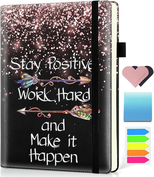 Hardcover Executive Notebooks, A5 PU Leather Lined Journal Notebook, 200 Pages Thick Paper Subject Notebooks for School,Work,Home Writing Business Notebook, Black Rose Gold Positive Work Hard
