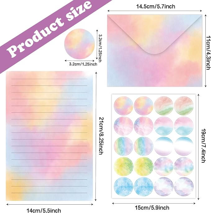 Stationery Paper Envelopes Set 160 Pcs - 50 Lined Writing Paper, 50 Envelopes, 60 Dot Stickers, Vintage/Floral/Leaf/Watercolor Multi-Style Options (STATIONERY-160PCS-WATERCOLOR)