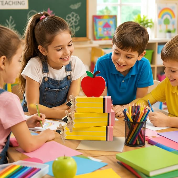 Fangoo 4Pcs Back to School Table Decorations Wooden Pencil Block Stack Sign Red Apple Table Centerpieces First Day of School Tiered Tray Gifts Decor for Home Classroom Teacher Desk Shelf Mantel